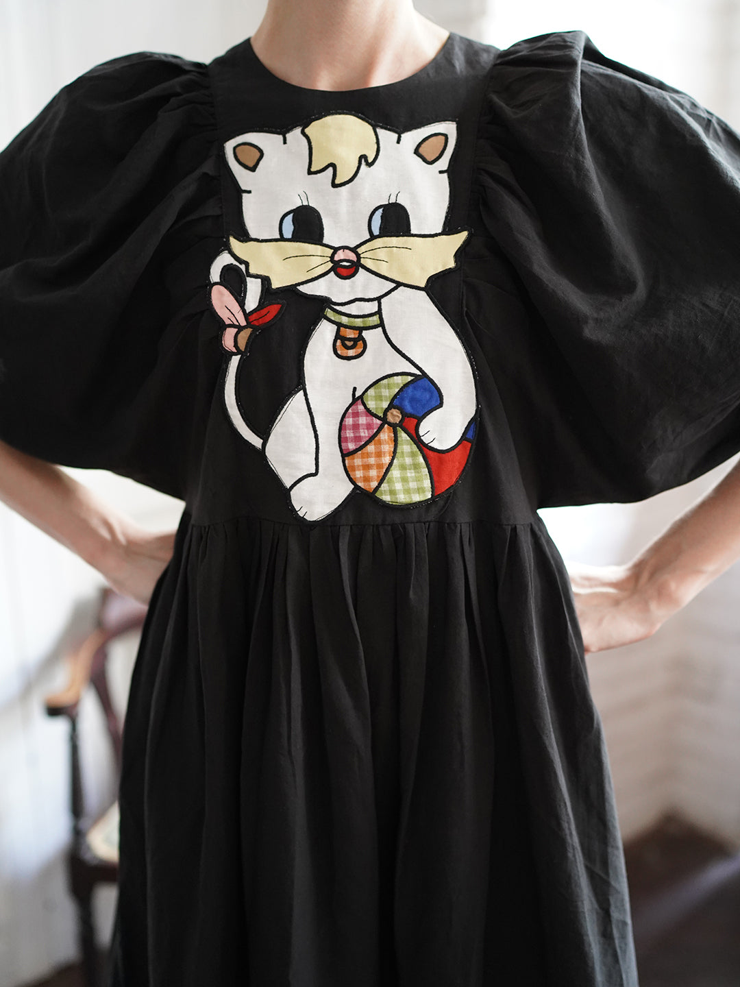 Unlogical Poem Cat and Piano Embroidered Black Hemp Dress
