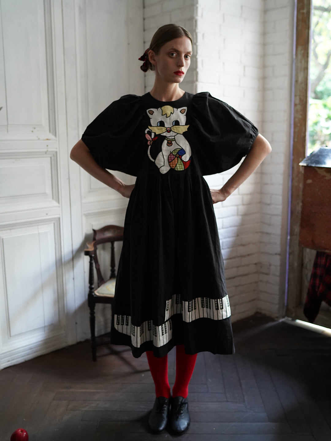 Unlogical Poem Cat and Piano Embroidered Black Hemp Dress
