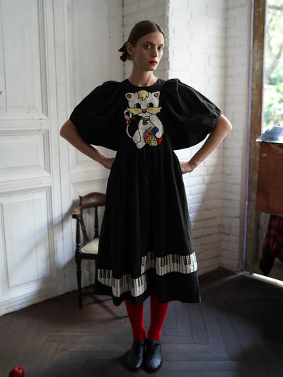 Unlogical Poem Cat and Piano Embroidered Black Hemp Dress