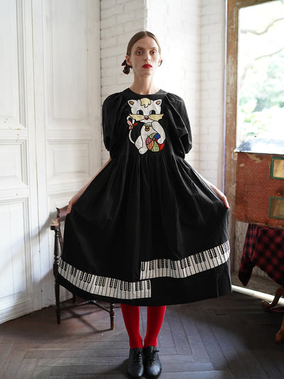 Unlogical Poem Cat and Piano Embroidered Black Hemp Dress