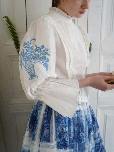 Unlogical Poem Victorian Stand Collar Blouse with Flower Basket Embroidery and Leg-of-Mutton Sleeves