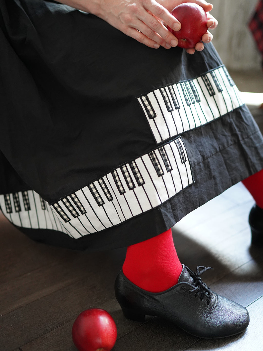 Unlogical Poem Cat and Piano Embroidered Black Hemp Dress