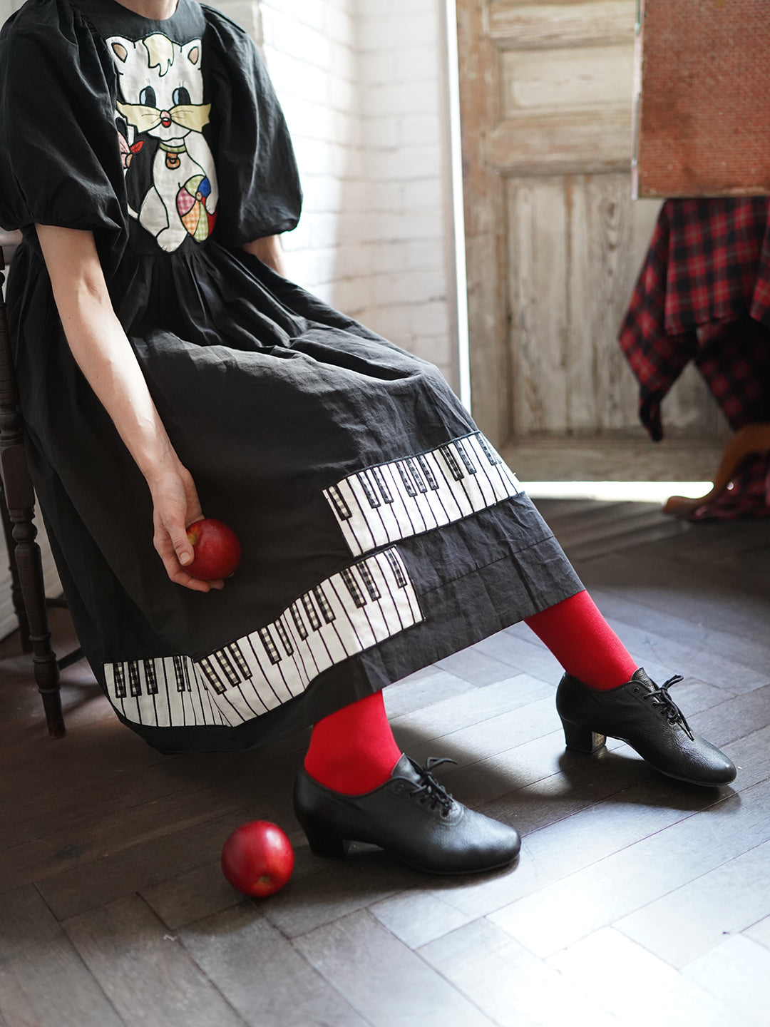 Unlogical Poem Cat and Piano Embroidered Black Hemp Dress