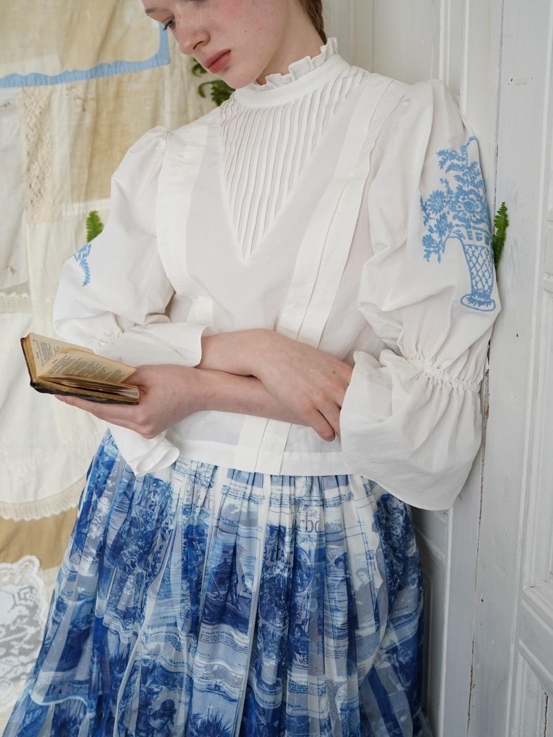 Unlogical Poem Victorian Stand Collar Blouse with Flower Basket Embroidery and Leg-of-Mutton Sleeves