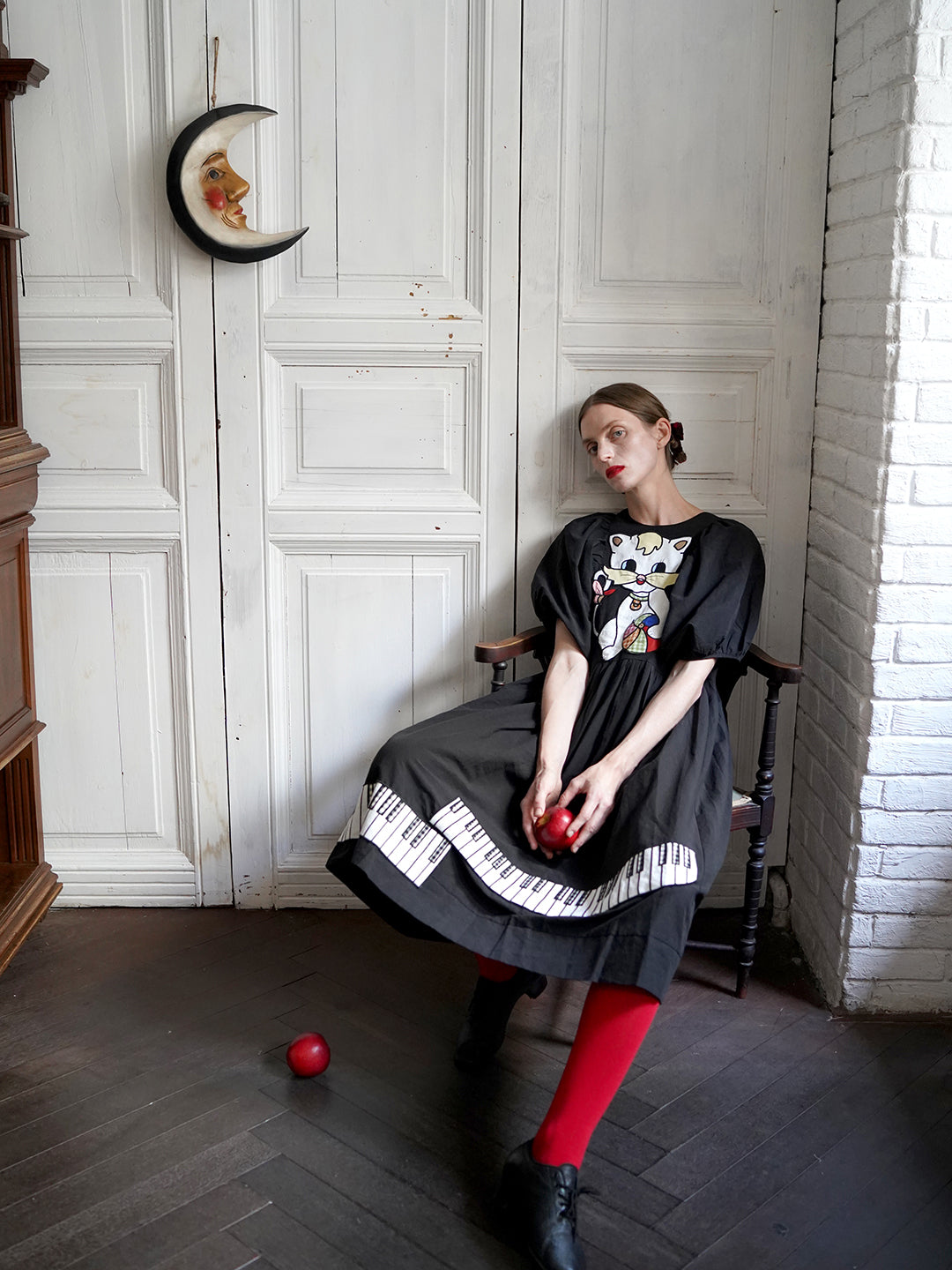 Unlogical Poem Cat and Piano Embroidered Black Hemp Dress