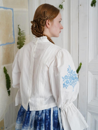 Unlogical Poem Victorian Stand Collar Blouse with Flower Basket Embroidery and Leg-of-Mutton Sleeves