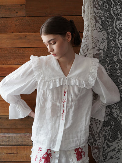 Unlogical Poemホワイト刺繍フリルブラウス Tops for Women | Unlogical Poem