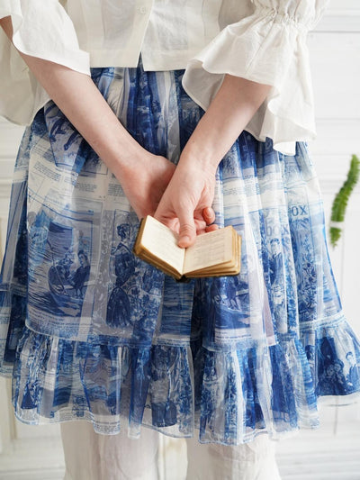 Unlogical Poem Double-Layered Printed Mesh Skirt with Petal Ruffles and Bubble Hem