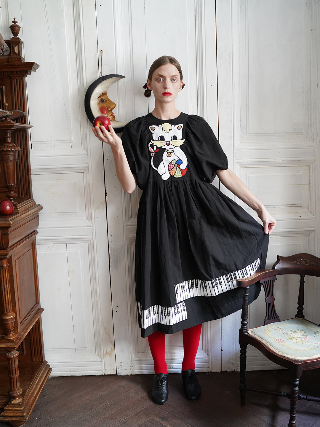 Unlogical Poem Cat and Piano Embroidered Black Hemp Dress