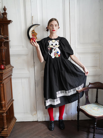 Unlogical Poem Cat and Piano Embroidered Black Hemp Dress