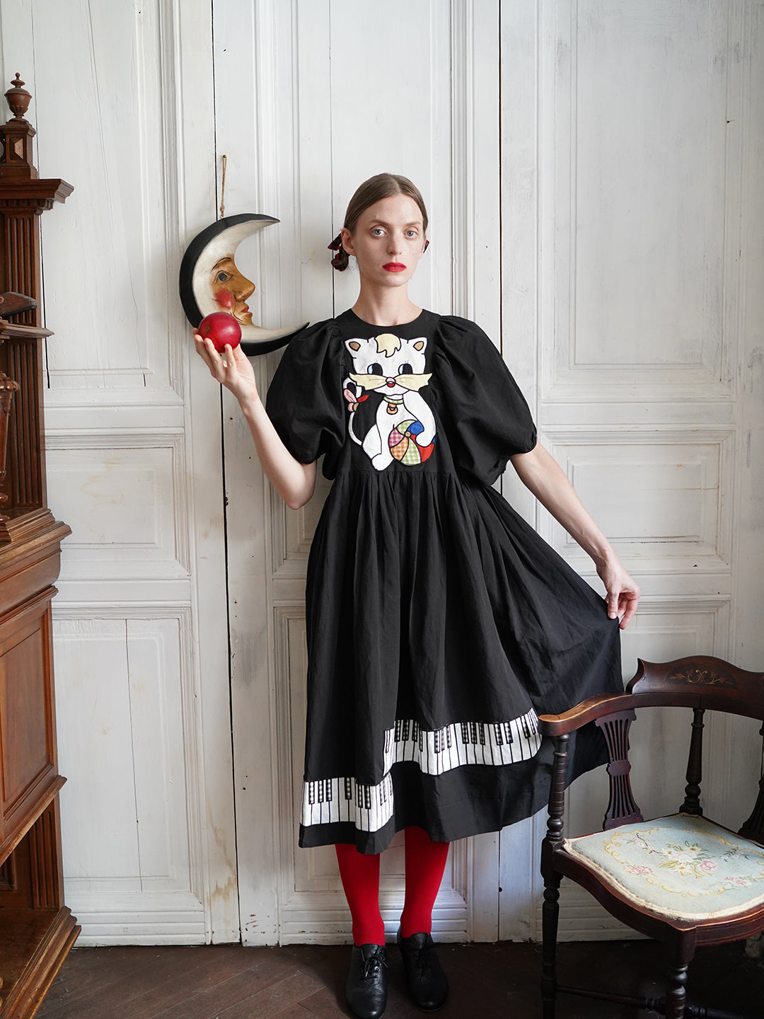 Unlogical Poem Cat and Piano Embroidered Black Hemp Dress