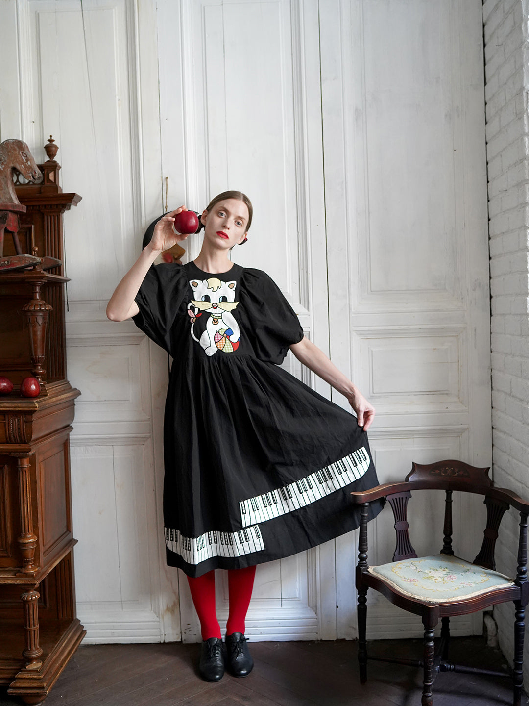 Unlogical Poem Cat and Piano Embroidered Black Hemp Dress