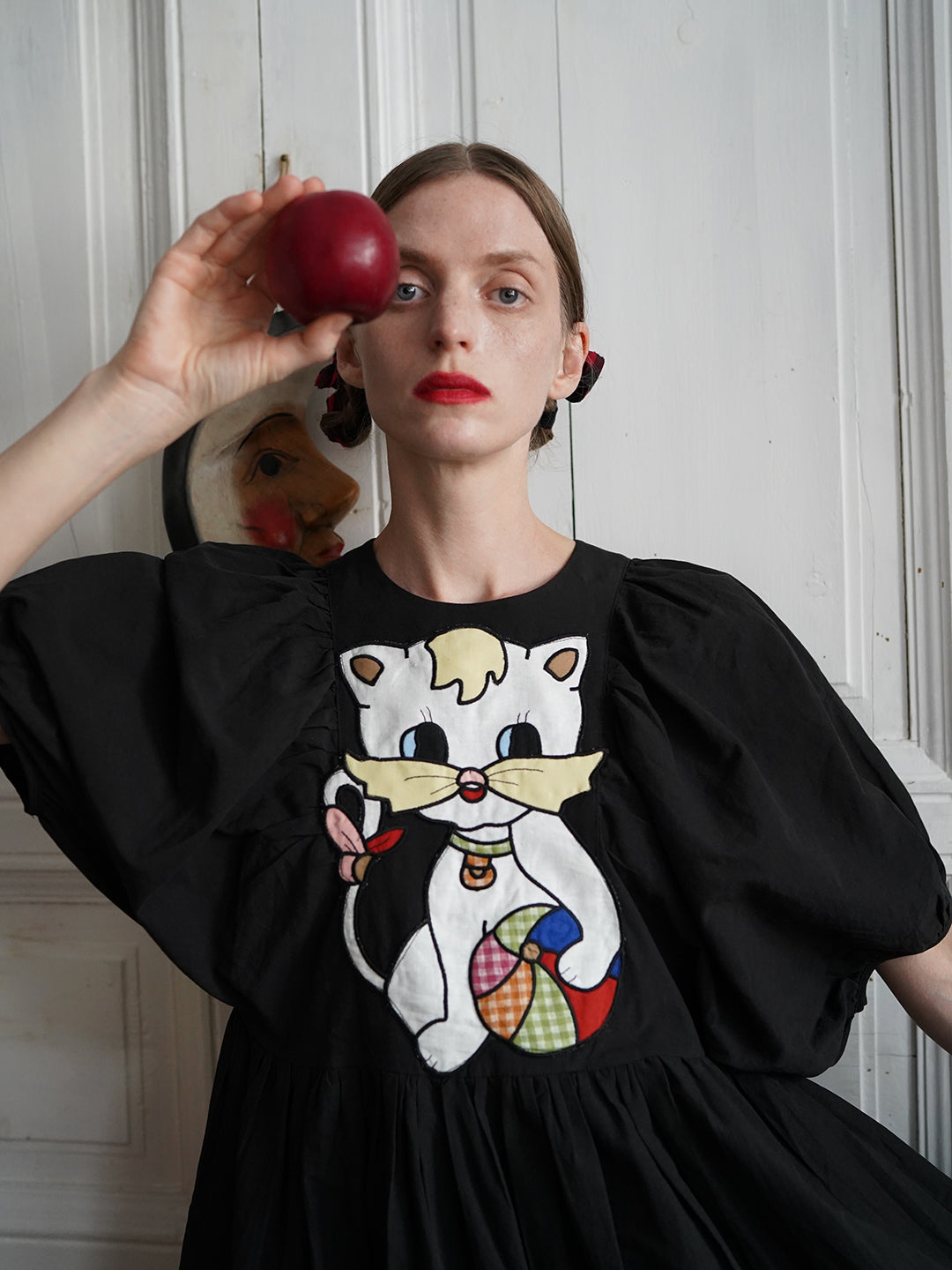 Unlogical Poem Cat and Piano Embroidered Black Hemp Dress