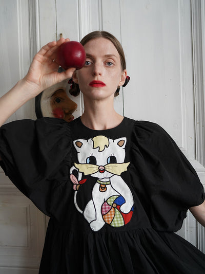 Unlogical Poem Cat and Piano Embroidered Black Hemp Dress