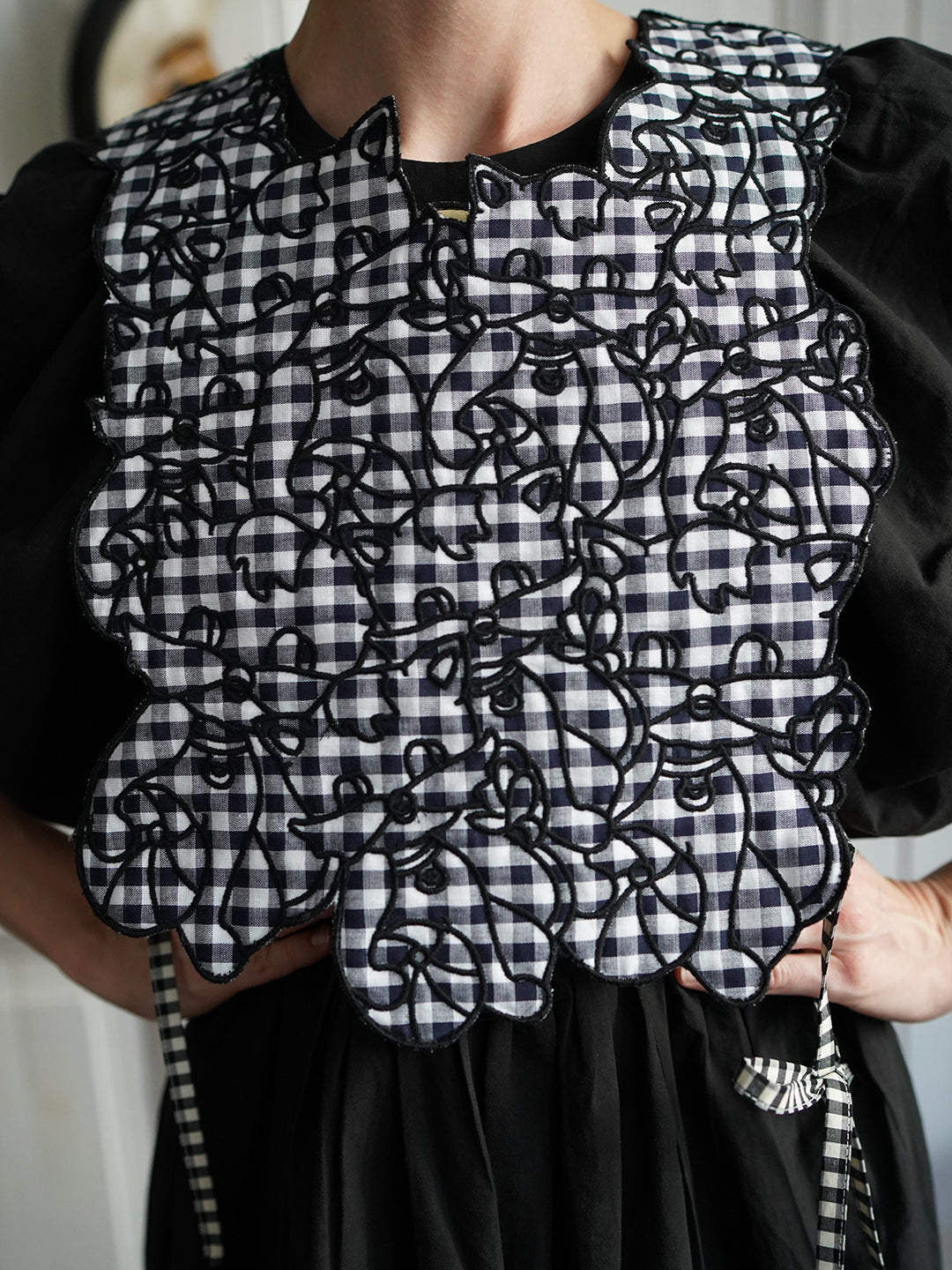 Unlogical Poem Cat Embroidery Reversible Black Gingham Smock