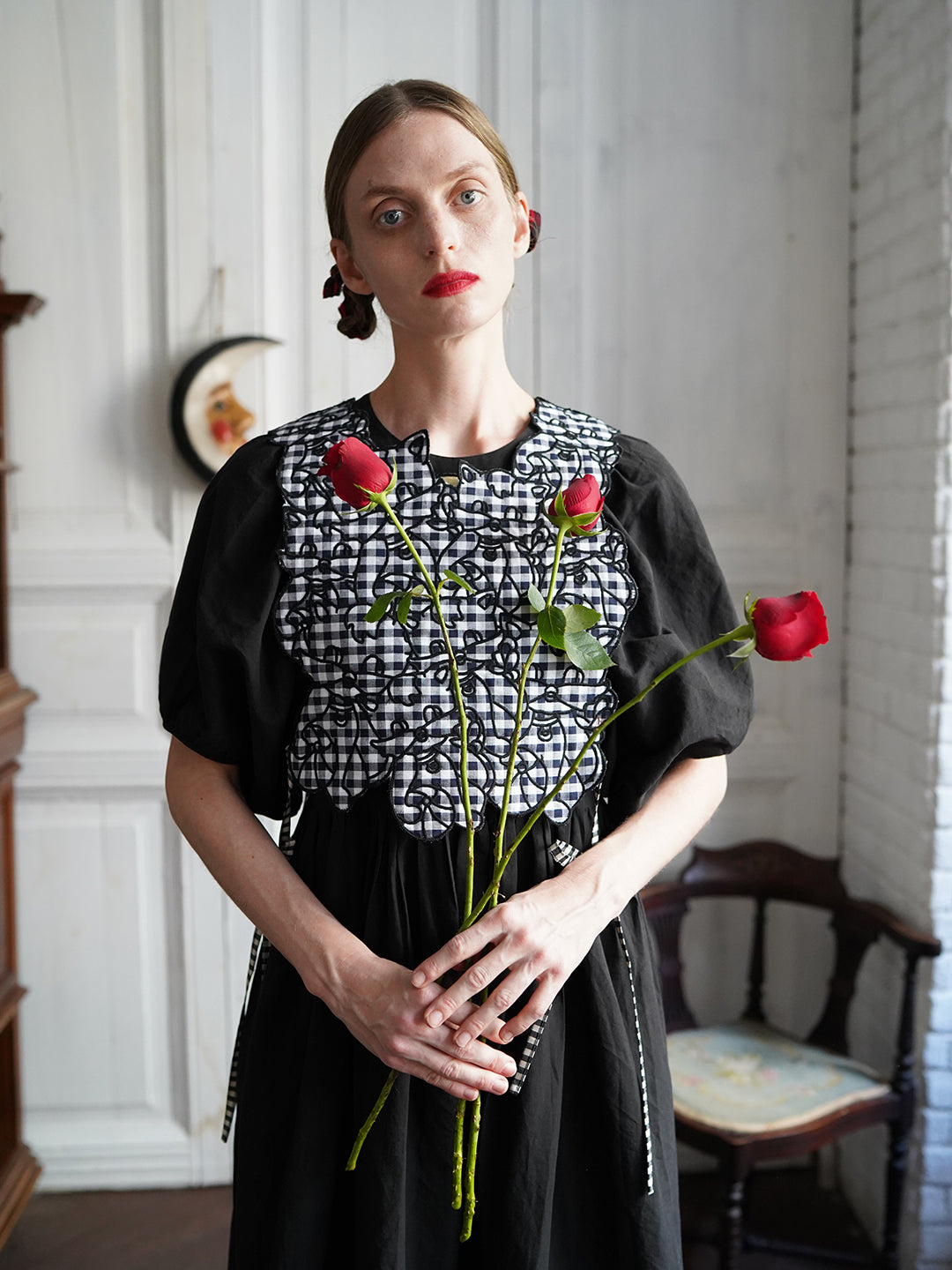 Unlogical Poem Cat Embroidery Reversible Black Gingham Smock