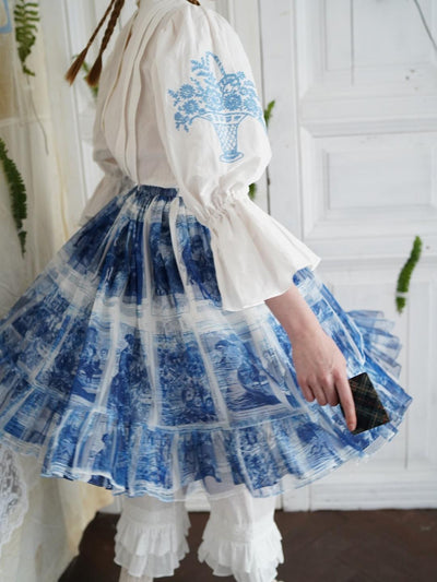 Unlogical Poem Double-Layered Printed Mesh Skirt with Petal Ruffles and Bubble Hem