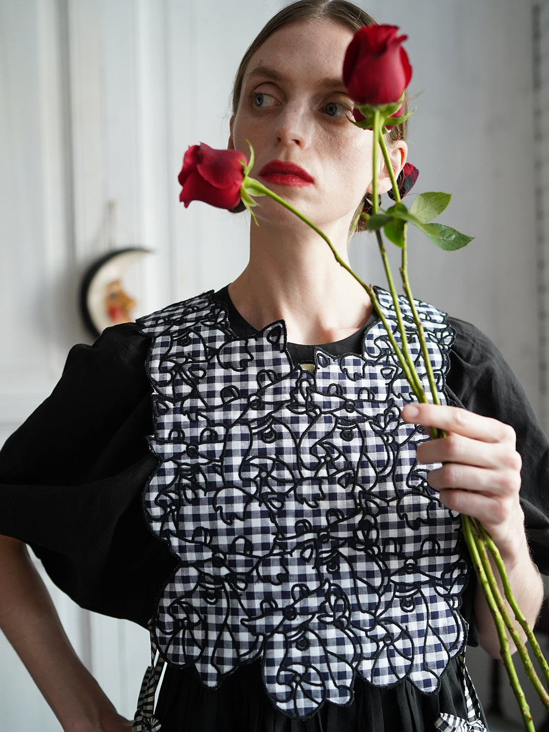 Unlogical Poem Cat Embroidery Reversible Black Gingham Smock