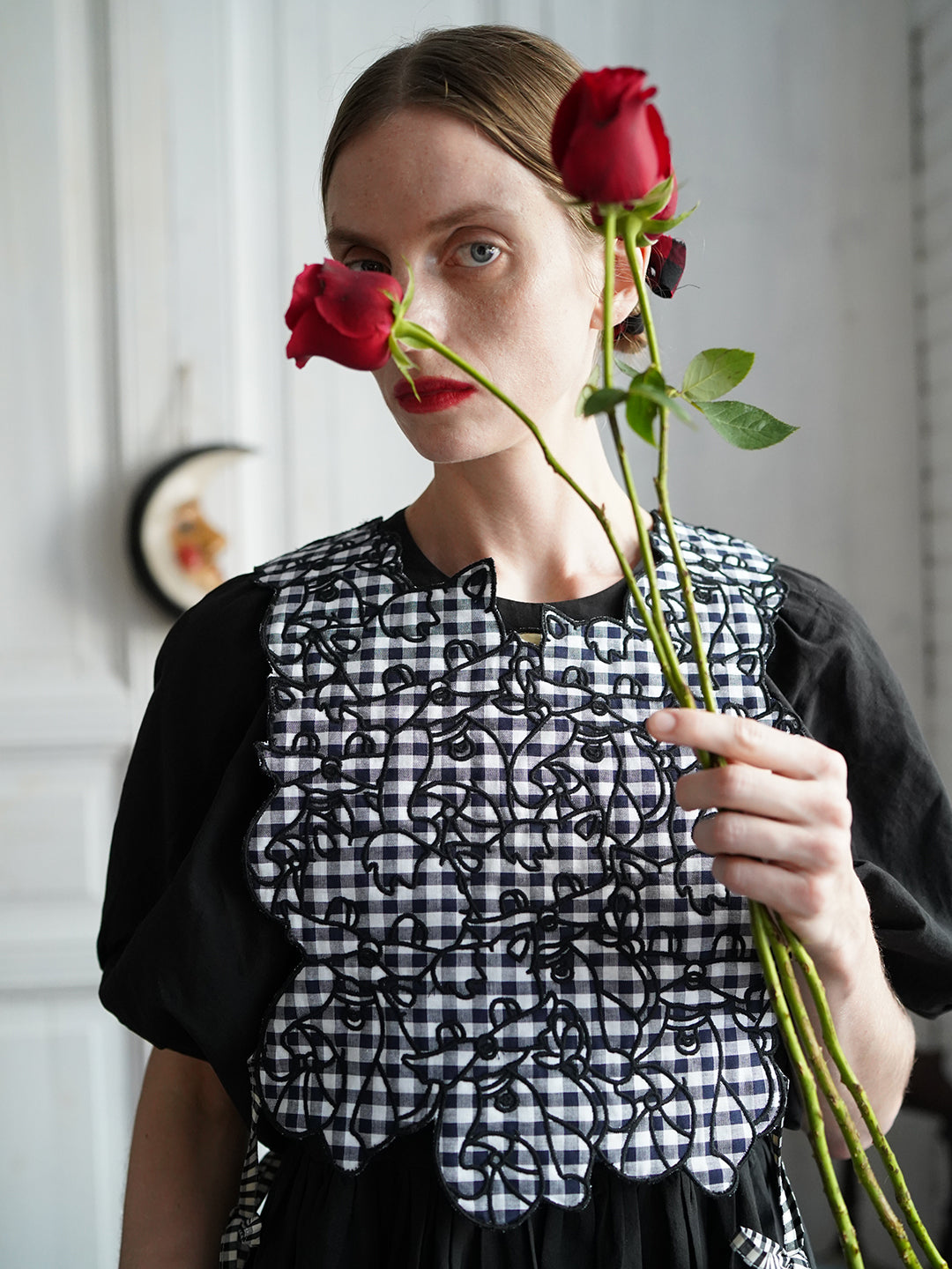 Unlogical Poem Cat Embroidery Reversible Black Gingham Smock