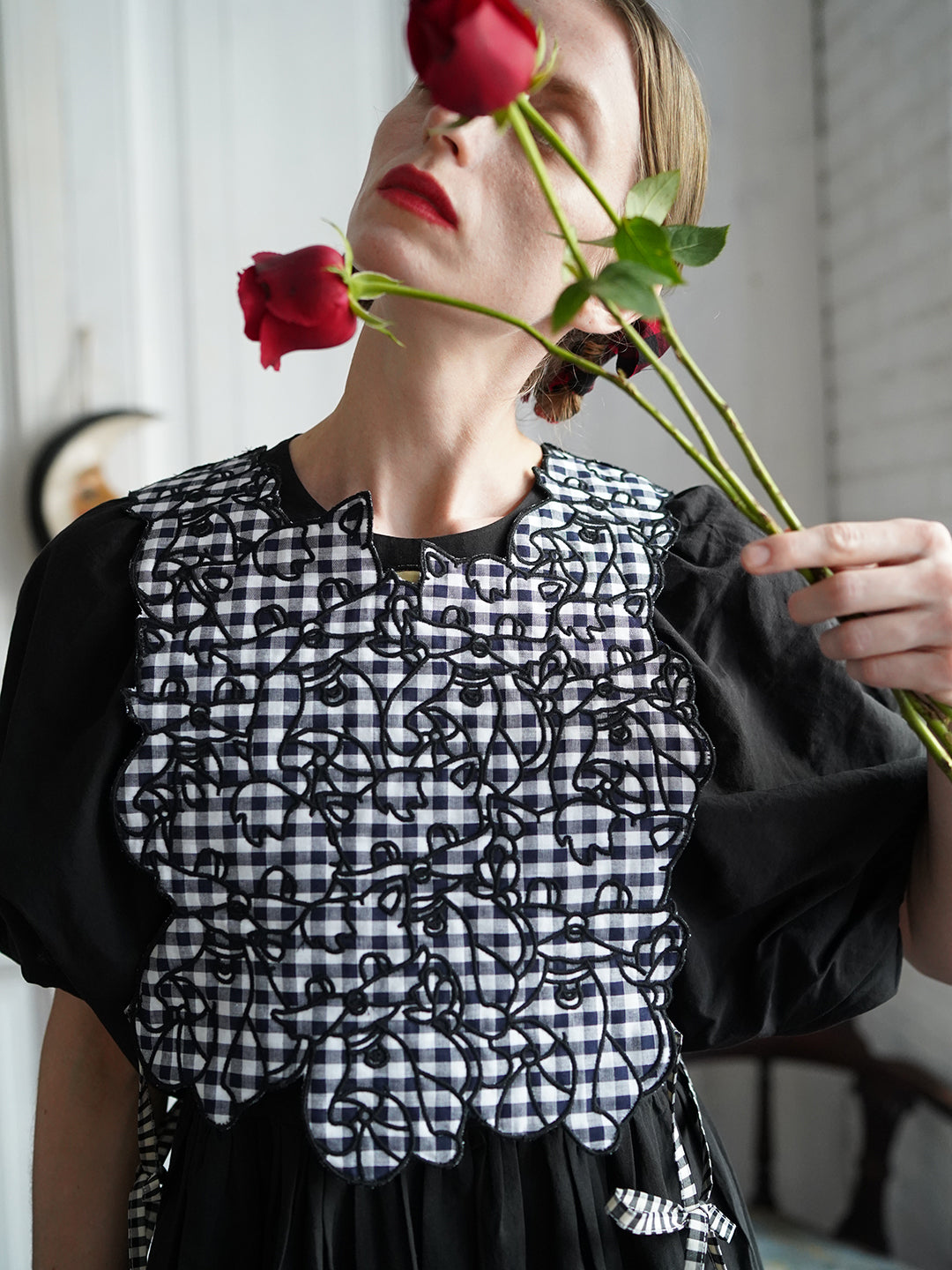 Unlogical Poem Cat Embroidery Reversible Black Gingham Smock