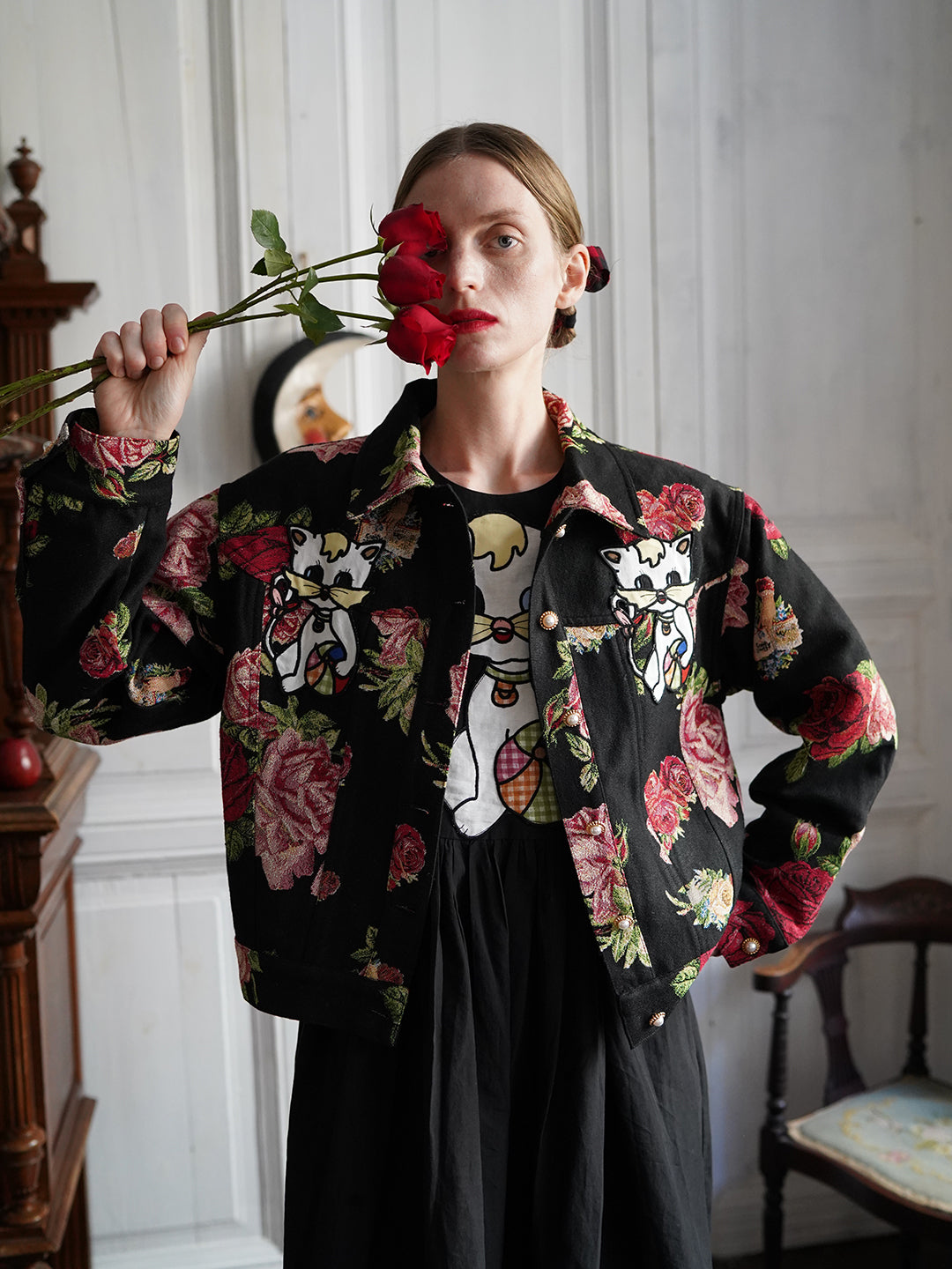 Unlogical Poem Cat Embroidered Rose Yarn-dyed Jacket