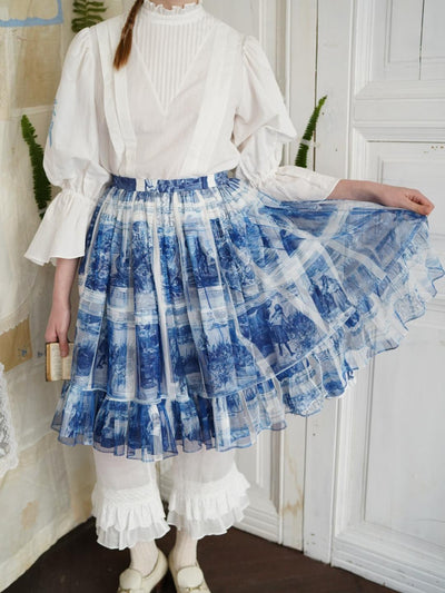 Unlogical Poem Double-Layered Printed Mesh Skirt with Petal Ruffles and Bubble Hem