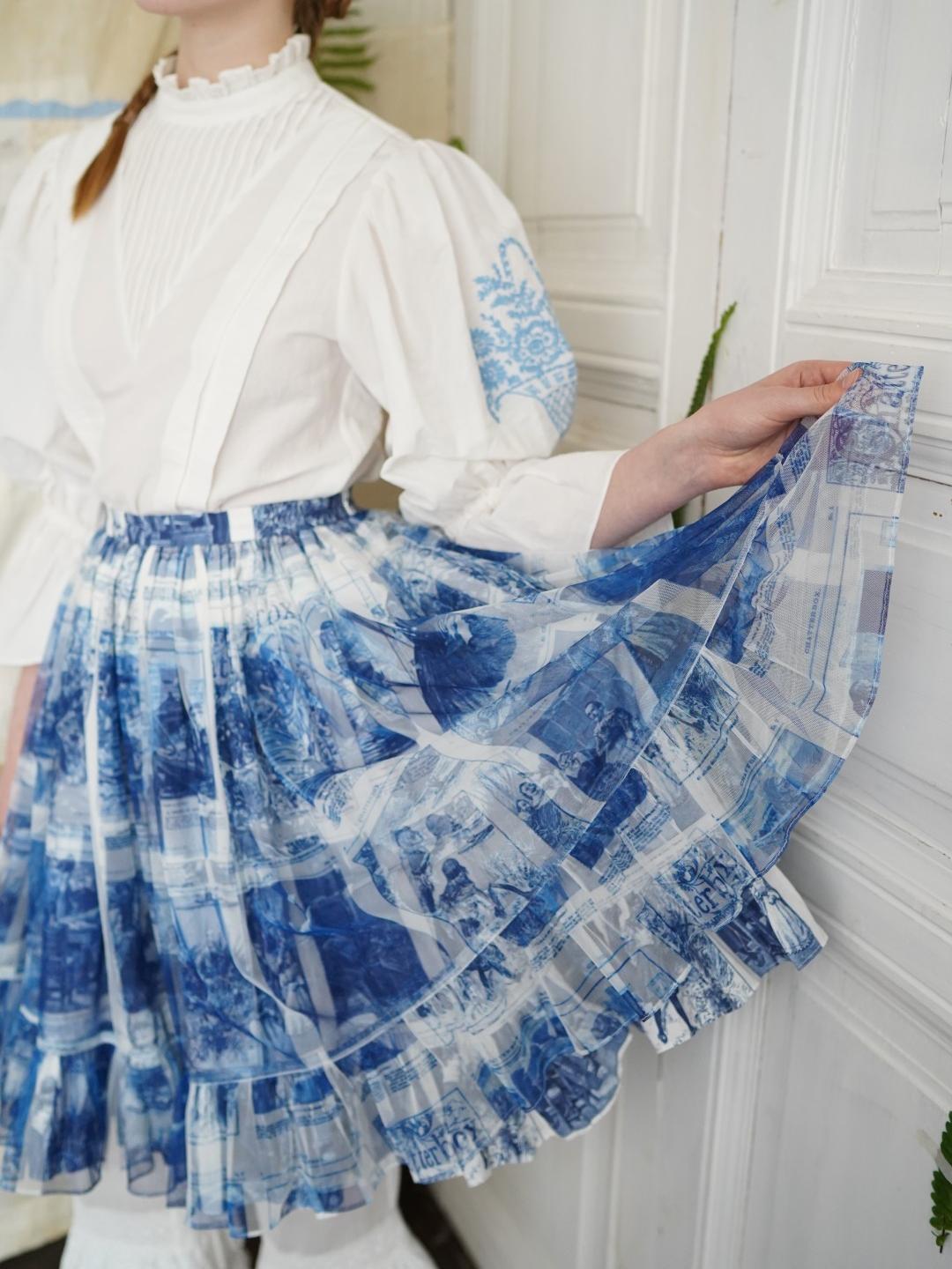 Unlogical Poem Double-Layered Printed Mesh Skirt with Petal Ruffles and Bubble Hem