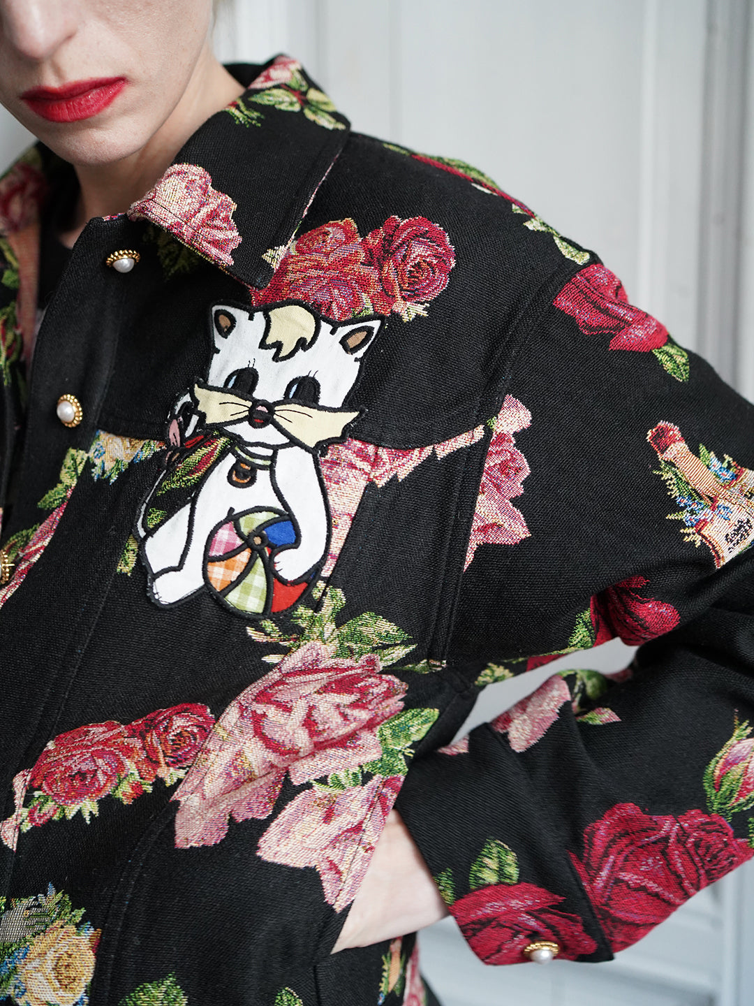 Unlogical Poem Cat Embroidered Rose Yarn-dyed Jacket