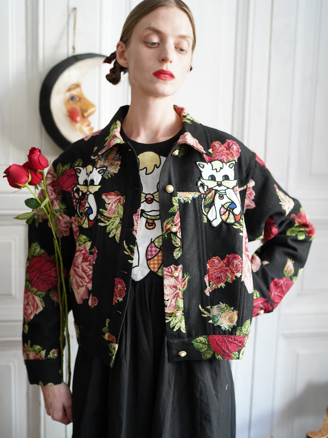 Unlogical Poem Cat Embroidered Rose Yarn-dyed Jacket