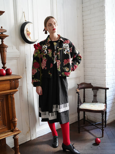 Unlogical Poem Cat and Piano Embroidered Black Hemp Dress