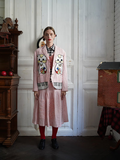 Unlogical Poem Vintage-style Cat Patch Embroidered Pink Striped Linen Blazer