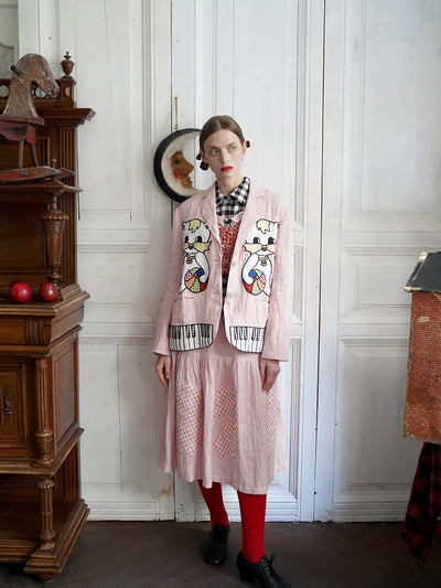Unlogical Poem Vintage-style Cat Patch Embroidered Pink Striped Linen Blazer