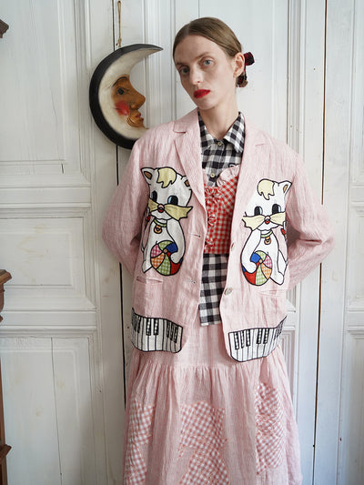 Unlogical Poem Vintage-style Cat Patch Embroidered Pink Striped Linen Blazer