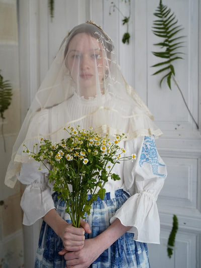 Unlogical Poem Victorian Stand Collar Blouse with Flower Basket Embroidery and Leg-of-Mutton Sleeves