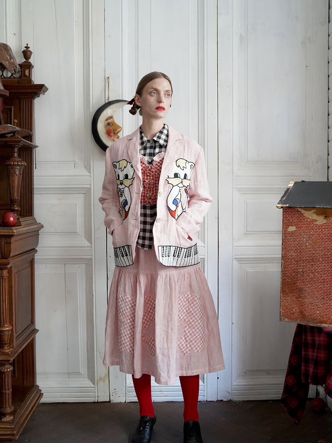 Unlogical Poem Vintage-style Cat Patch Embroidered Pink Striped Linen Blazer