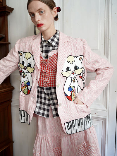 Unlogical Poem Vintage-style Cat Patch Embroidered Pink Striped Linen Blazer