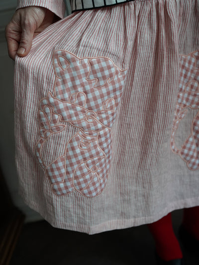 Unlogical Poem Cat Quilted Embroidered Patchwork Pink Striped Linen Skirt