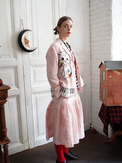 Unlogical Poem Vintage-style Cat Patch Embroidered Pink Striped Linen Blazer