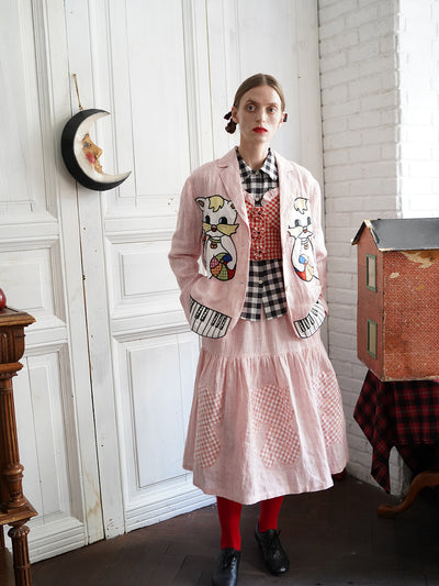 Unlogical Poem Cat Quilted Embroidered Patchwork Pink Striped Linen Skirt