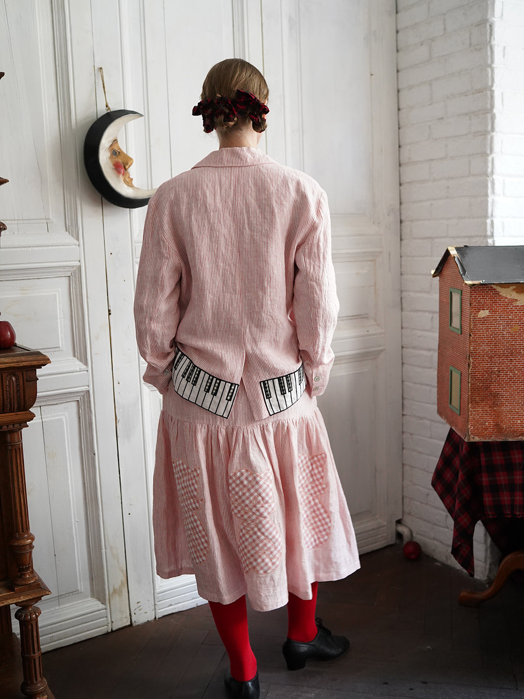 Unlogical Poem Vintage-style Cat Patch Embroidered Pink Striped Linen Blazer