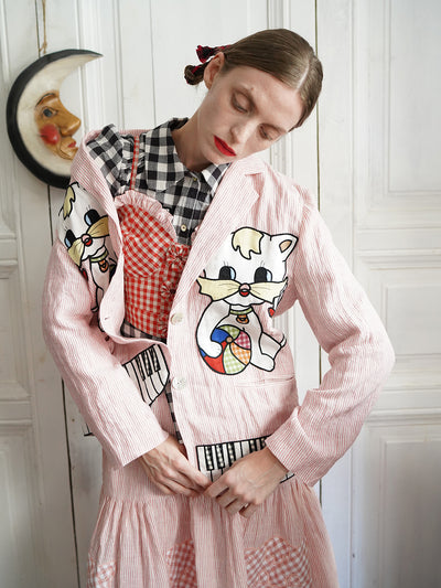 Unlogical Poem Handmade Yoyo Flowers Red Gingham Vest/ Smock