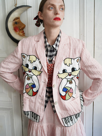Unlogical Poem Vintage-style Cat Patch Embroidered Pink Striped Linen Blazer