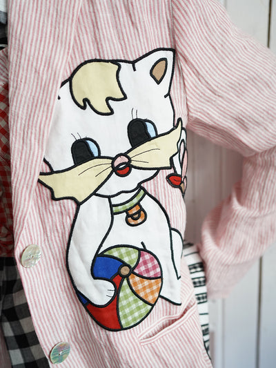 Unlogical Poem Vintage-style Cat Patch Embroidered Pink Striped Linen Blazer