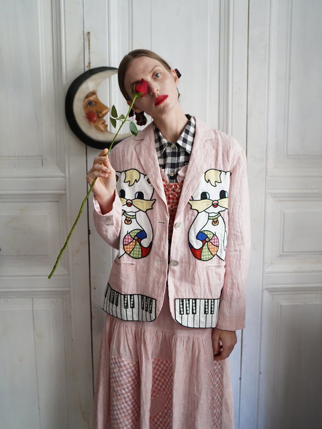 Unlogical Poem Vintage-style Cat Patch Embroidered Pink Striped Linen Blazer