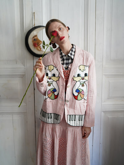 Unlogical Poem Vintage-style Cat Patch Embroidered Pink Striped Linen Blazer