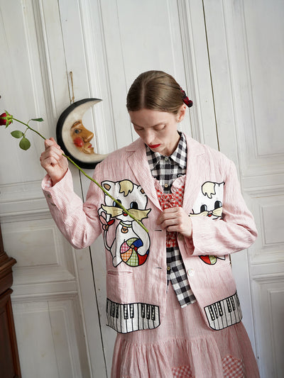 Unlogical Poem Vintage-style Cat Patch Embroidered Pink Striped Linen Blazer