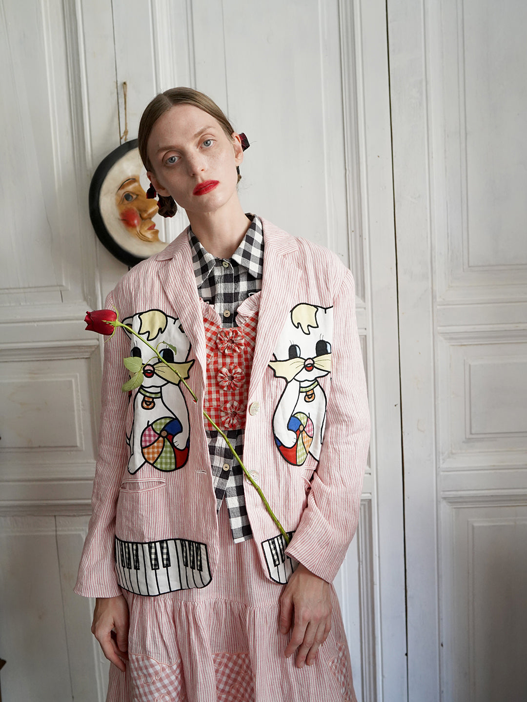Unlogical Poem Vintage-style Cat Patch Embroidered Pink Striped Linen Blazer