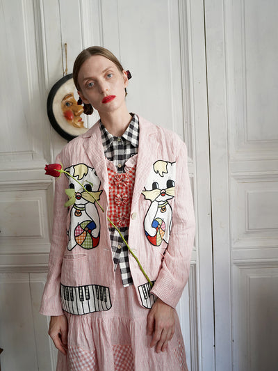 Unlogical Poem Vintage-style Cat Patch Embroidered Pink Striped Linen Blazer