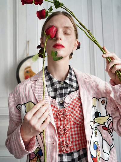 Unlogical Poem Vintage-style Cat Patch Embroidered Pink Striped Linen Blazer