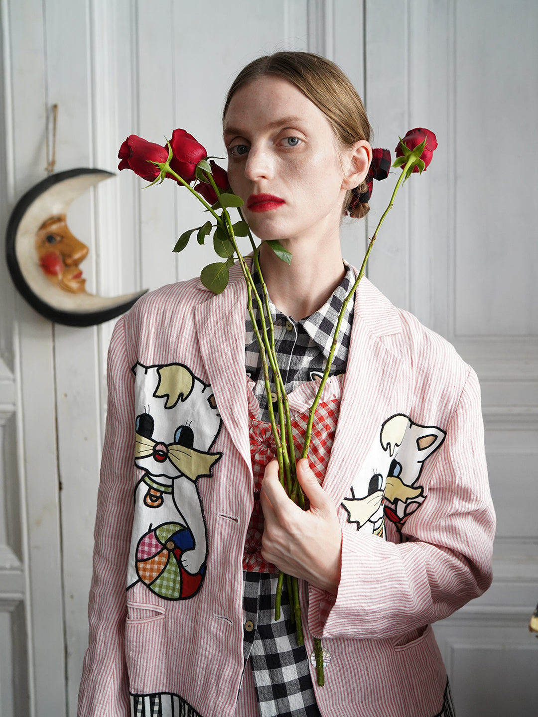 Unlogical Poem Vintage-style Cat Patch Embroidered Pink Striped Linen Blazer